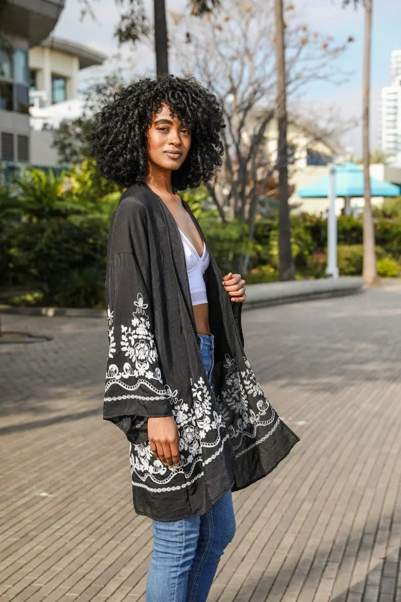Embroidered Floral Vine Kimono – Elegant and Lightweight - Boho Clothing and Accessories - Flyclothing LLC