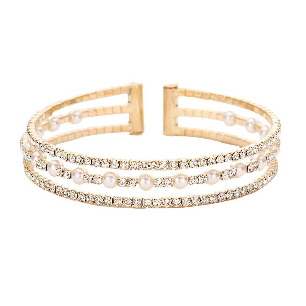Elegant Pearl Accented Rhinestone Cuff Bracelet - Madeline Love - Flyclothing LLC