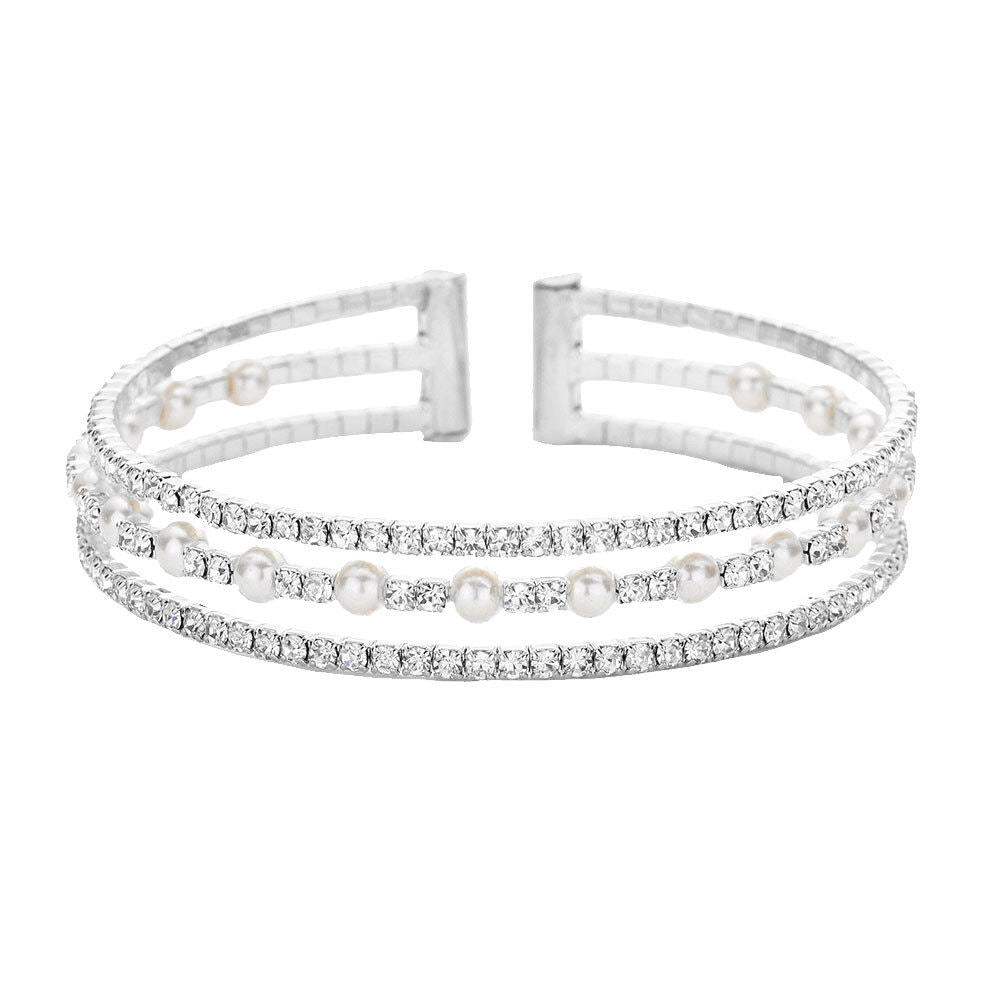 Elegant Pearl Accented Rhinestone Cuff Bracelet - Madeline Love - Flyclothing LLC