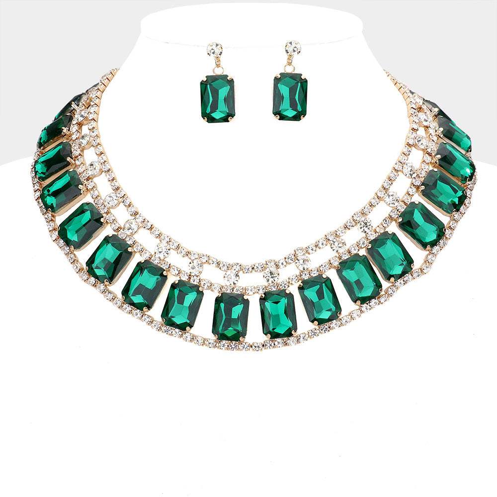 Emerald Cut Stone Accented Collar Evening Necklace - Madeline Love - Flyclothing LLC