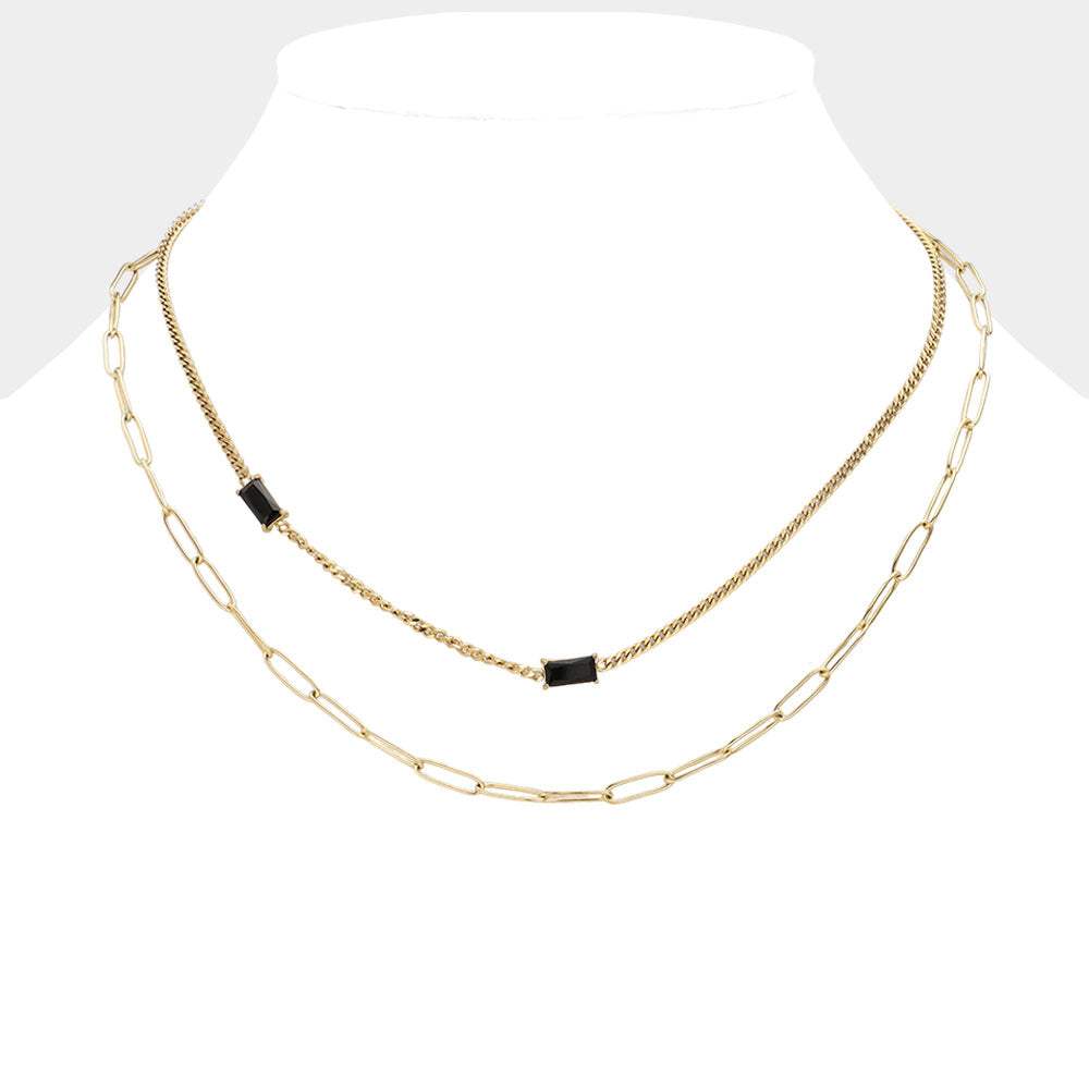 Emerald Cut Stone Cluster Pointed Stainless Steel Paperclip Chain Layered Necklace - Madeline Love - Flyclothing LLC