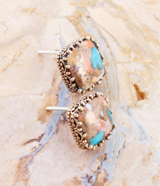 Empire Blue Turquoise and Orange Spiny Matrix Golden Stud Earrings - Barse Jewelry - Flyclothing LLC