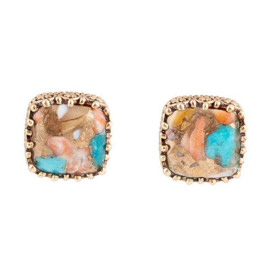 Empire Blue Turquoise and Orange Spiny Matrix Golden Stud Earrings - Barse Jewelry - Flyclothing LLC