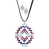 Enamel Aztec Pattern Pendant Leather Long Necklace Earrings - Madeline Love - Flyclothing LLC