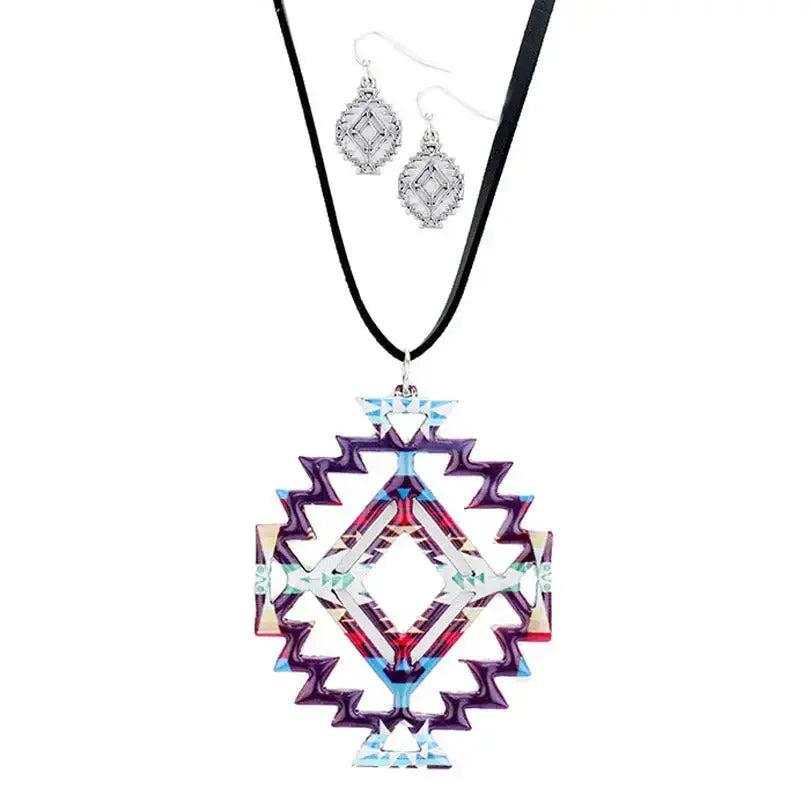 Enamel Aztec Pattern Pendant Leather Long Necklace Earrings - Madeline Love - Flyclothing LLC