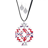 Enamel Aztec Pattern Pendant Leather Long Necklace Earrings - Madeline Love - Flyclothing LLC