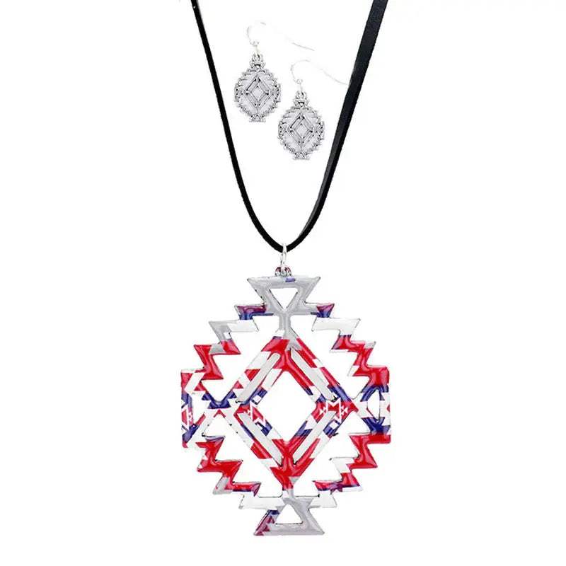 Enamel Aztec Pattern Pendant Leather Long Necklace Earrings - Madeline Love - Flyclothing LLC