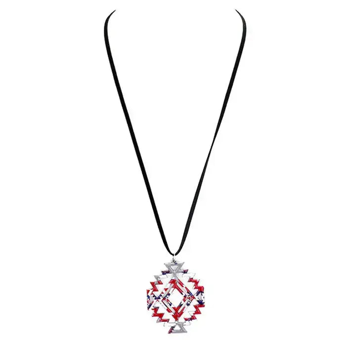 Enamel Aztec Pattern Pendant Leather Long Necklace Earrings - Madeline Love - Flyclothing LLC