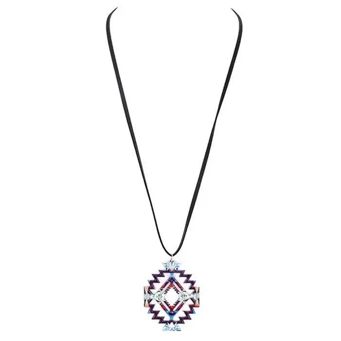 Enamel Aztec Pattern Pendant Leather Long Necklace Earrings - Madeline Love - Flyclothing LLC