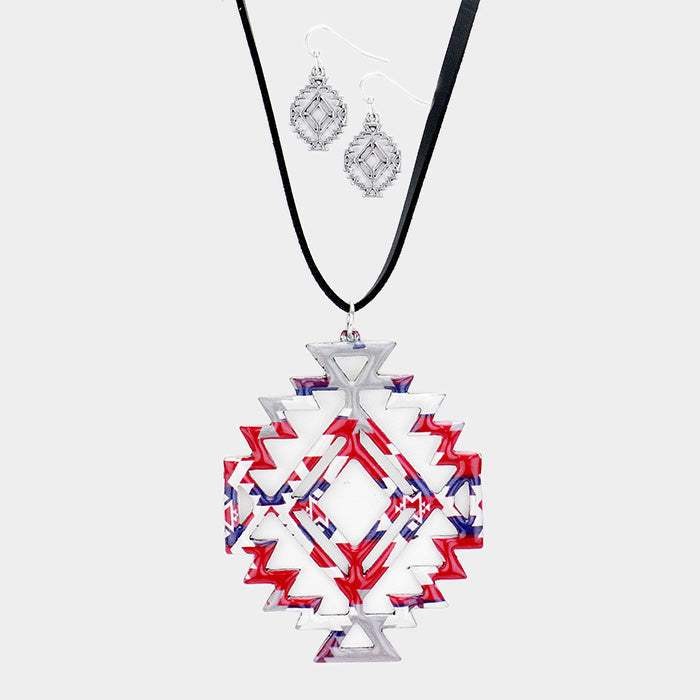 Enamel Aztec Pattern Pendant Leather Long Necklace - Madeline Love - Flyclothing LLC