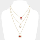 Enamel Rhinestone Embellished Evil Eye Hamsa Hand Pendant Triple Layered Necklace - Madeline Love - Flyclothing LLC