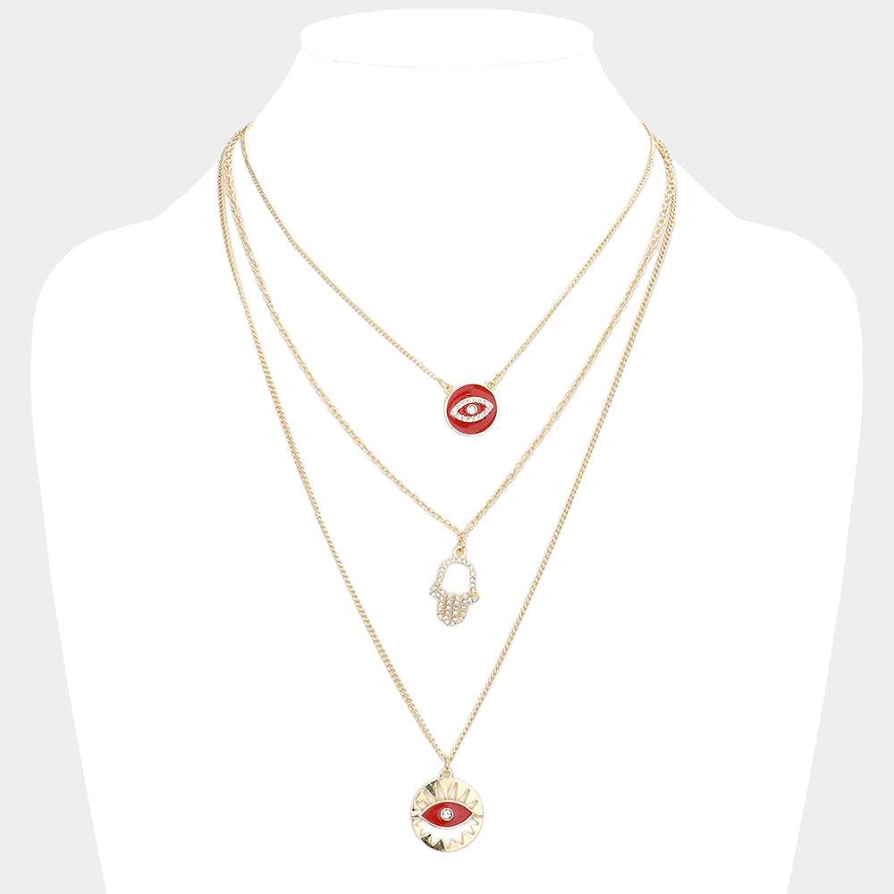 Enamel Rhinestone Embellished Evil Eye Hamsa Hand Pendant Triple Layered Necklace - Madeline Love - Flyclothing LLC