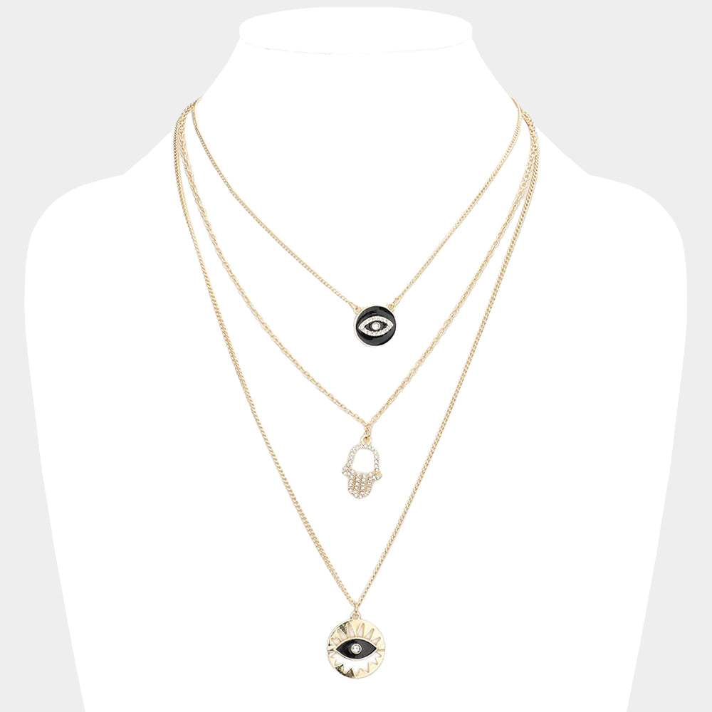 Enamel Rhinestone Embellished Evil Eye Hamsa Hand Pendant Triple Layered Necklace - Madeline Love - Flyclothing LLC