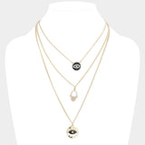 Enamel Rhinestone Embellished Evil Eye Hamsa Hand Pendant Triple Layered Necklace - Madeline Love - Flyclothing LLC