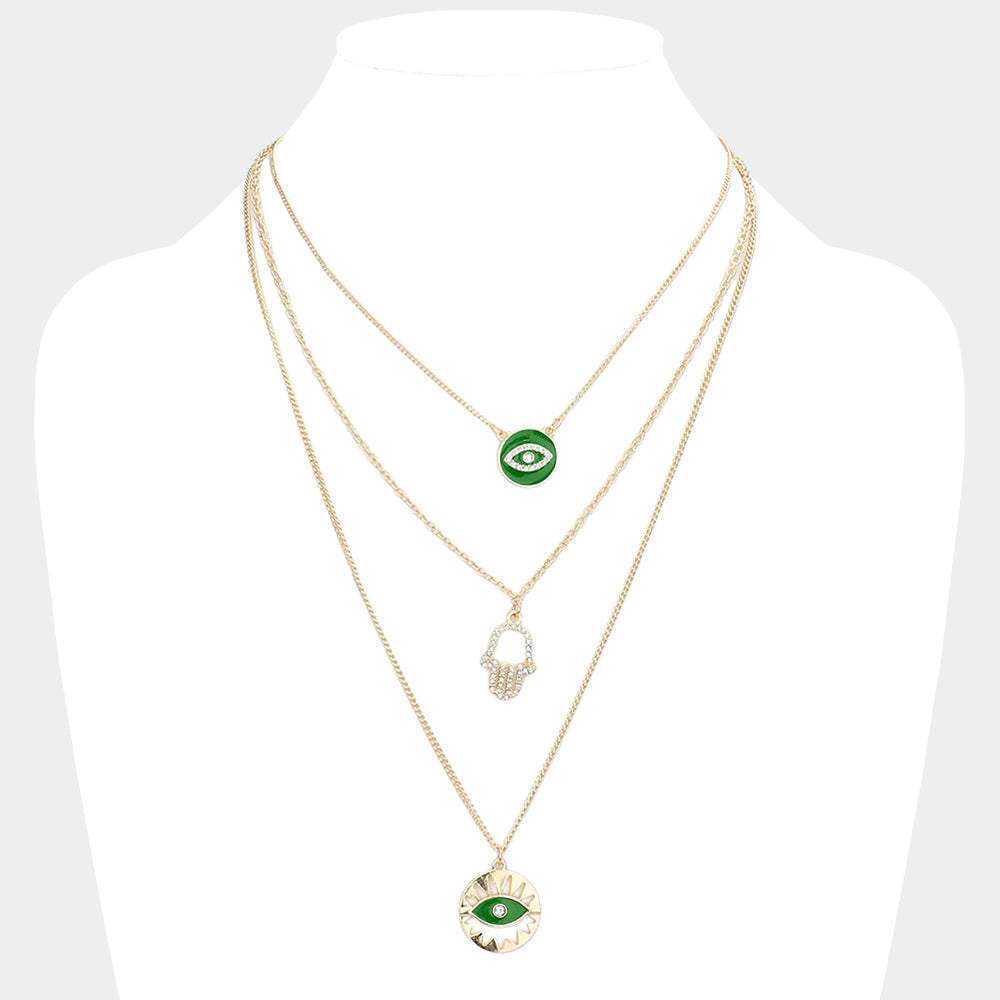 Enamel Rhinestone Embellished Evil Eye Hamsa Hand Pendant Triple Layered Necklace - Madeline Love - Flyclothing LLC
