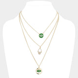 Enamel Rhinestone Embellished Evil Eye Hamsa Hand Pendant Triple Layered Necklace - Madeline Love - Flyclothing LLC