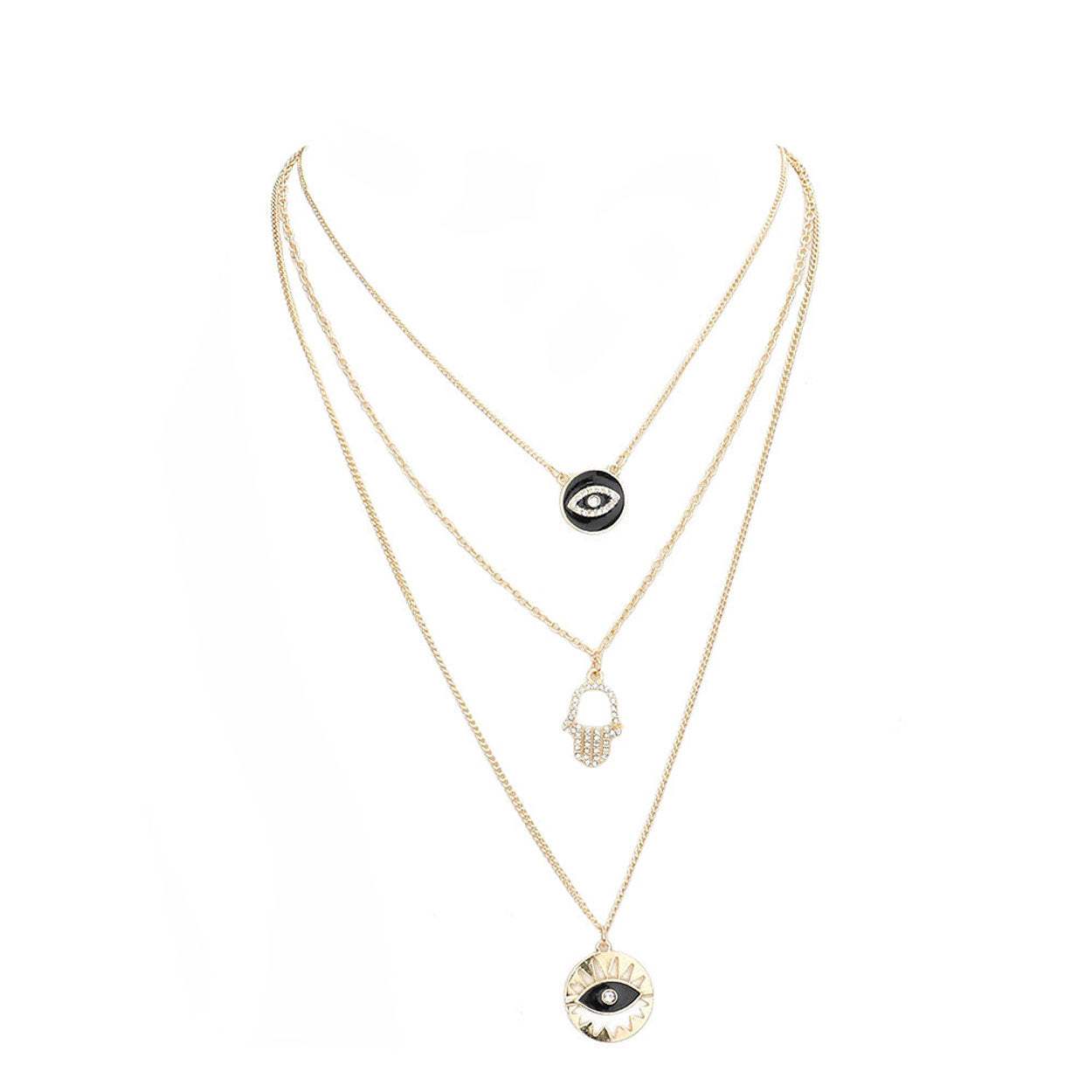 Enamel Rhinestone Evil Eye Hamsa Charm Triple Layer Necklace - Madeline Love - Flyclothing LLC