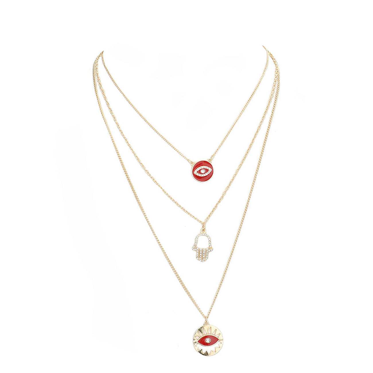 Enamel Rhinestone Evil Eye Hamsa Charm Triple Layer Necklace - Madeline Love - Flyclothing LLC