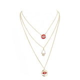 Enamel Rhinestone Evil Eye Hamsa Charm Triple Layer Necklace - Madeline Love - Flyclothing LLC