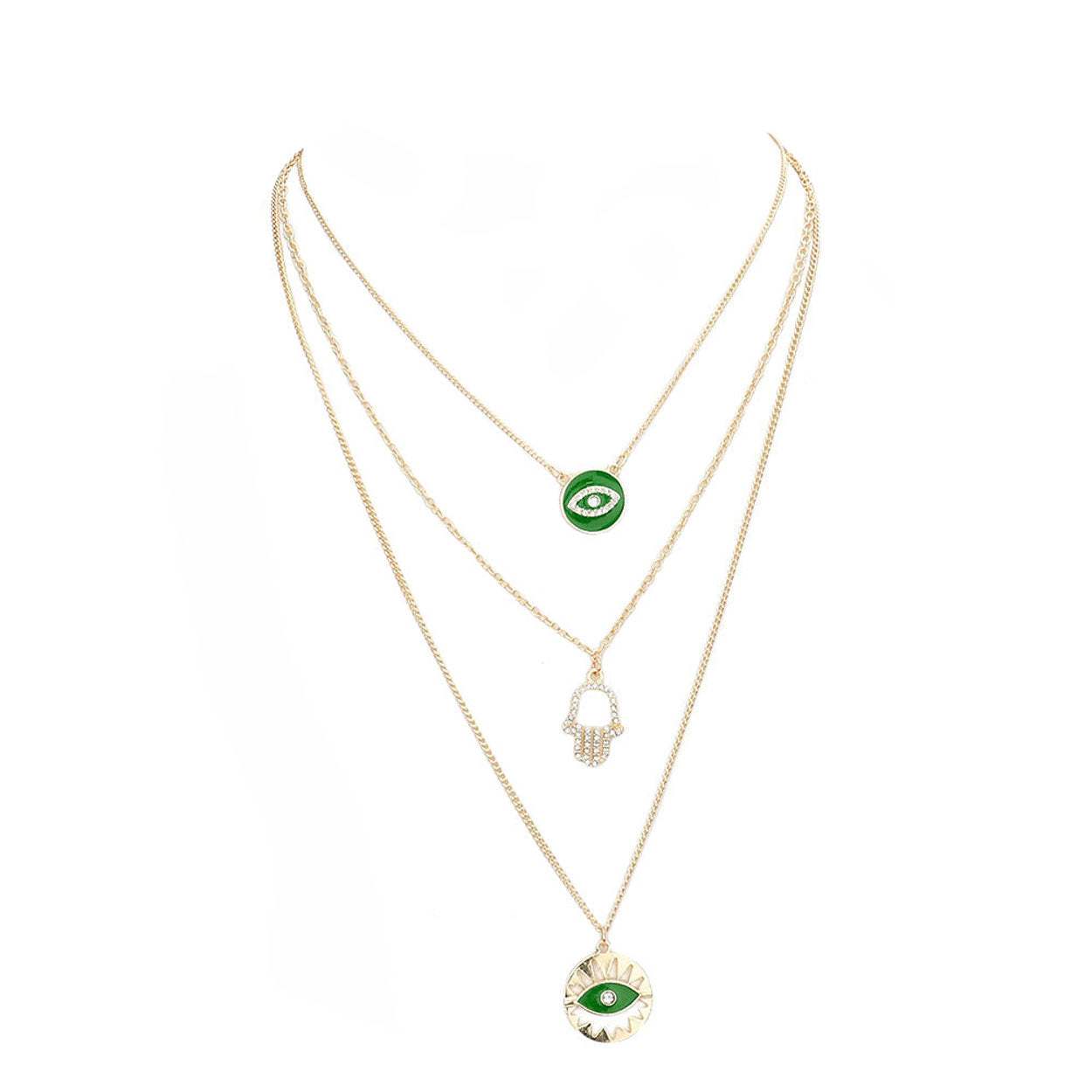 Enamel Rhinestone Evil Eye Hamsa Charm Triple Layer Necklace - Madeline Love - Flyclothing LLC
