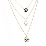 Enamel Rhinestone Evil Eye Hamsa Charm Triple Layer Necklace - Madeline Love - Flyclothing LLC