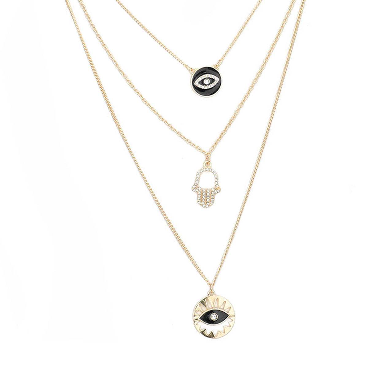 Enamel Rhinestone Evil Eye Hamsa Charm Triple Layer Necklace - Madeline Love - Flyclothing LLC
