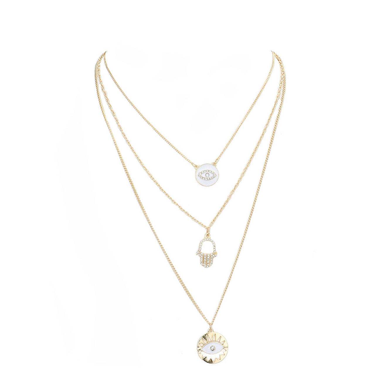 Enamel Rhinestone Evil Eye Hamsa Charm Triple Layer Necklace - Madeline Love - Flyclothing LLC