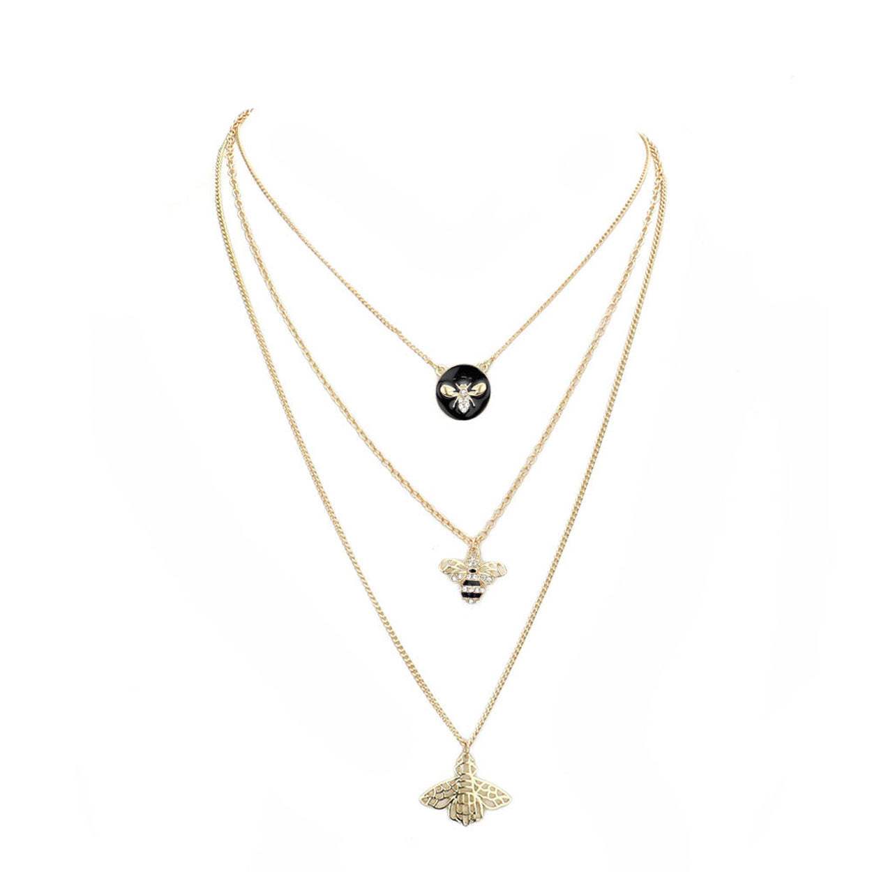 Enamel Rhinestone Honey Bee Pendant Triple Layered Necklace - Madeline Love - Flyclothing LLC