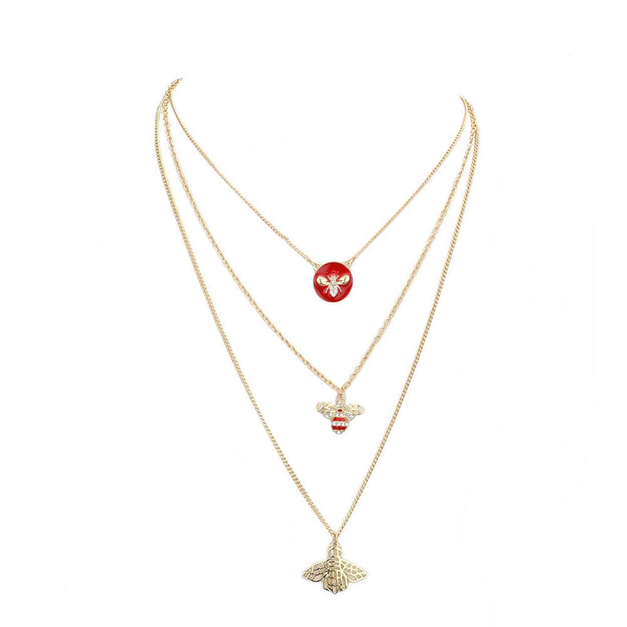 Enamel Rhinestone Honey Bee Pendant Triple Layered Necklace - Madeline Love - Flyclothing LLC