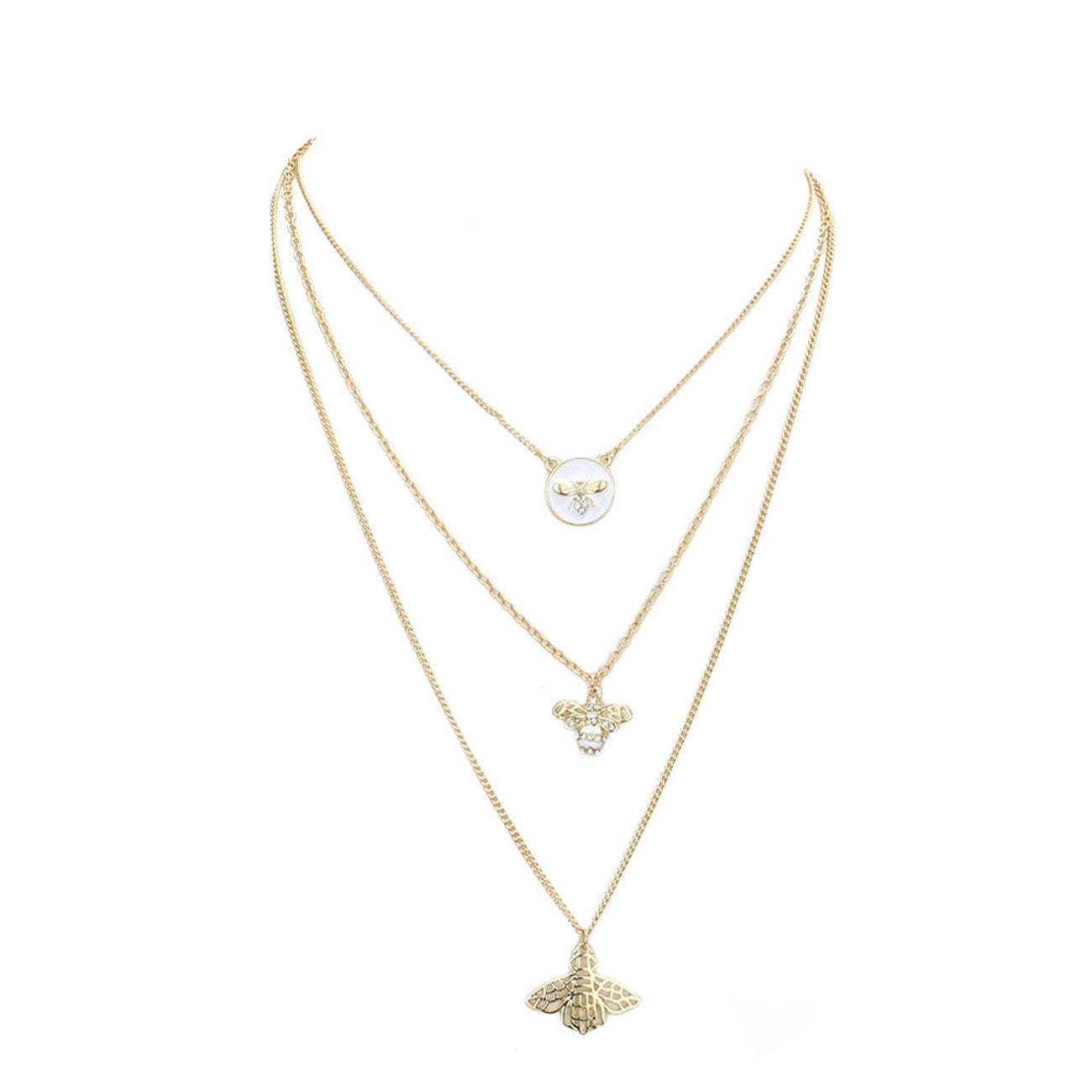 Enamel Rhinestone Honey Bee Pendant Triple Layered Necklace - Madeline Love - Flyclothing LLC