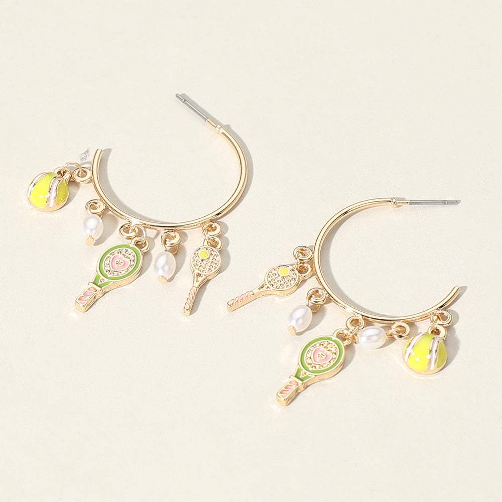 Enamel Tennis Pearl Charm Hoop Earrings - Madeline Love - Flyclothing LLC