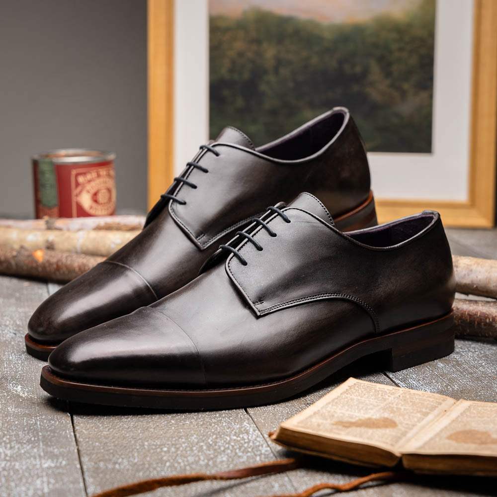 25-550-GRY ENZO Italian Calfskin Cap Toe Burnished Black - Zelli Italia - Flyclothing LLC