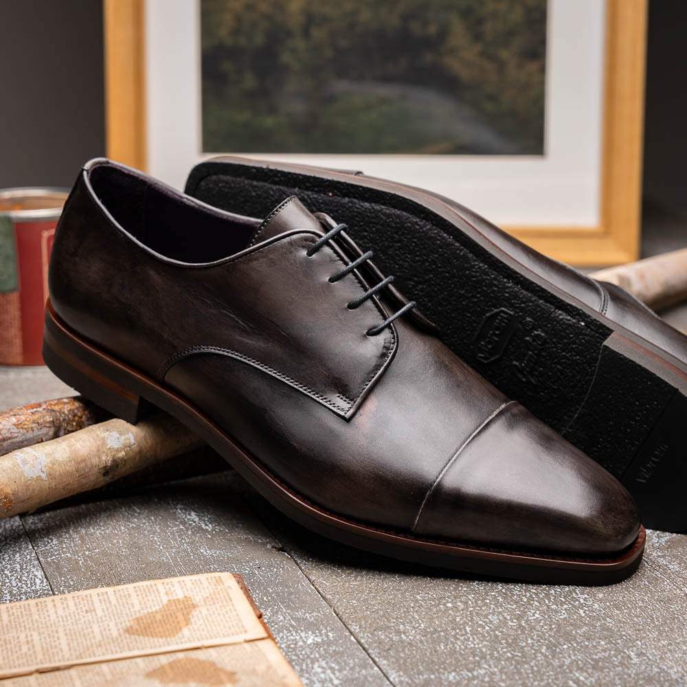 25-550-GRY ENZO Italian Calfskin Cap Toe Burnished Black - Zelli Italia - Flyclothing LLC