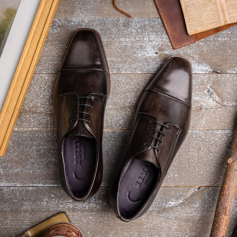25-550-GRY ENZO Italian Calfskin Cap Toe Burnished Black - Zelli Italia - Flyclothing LLC
