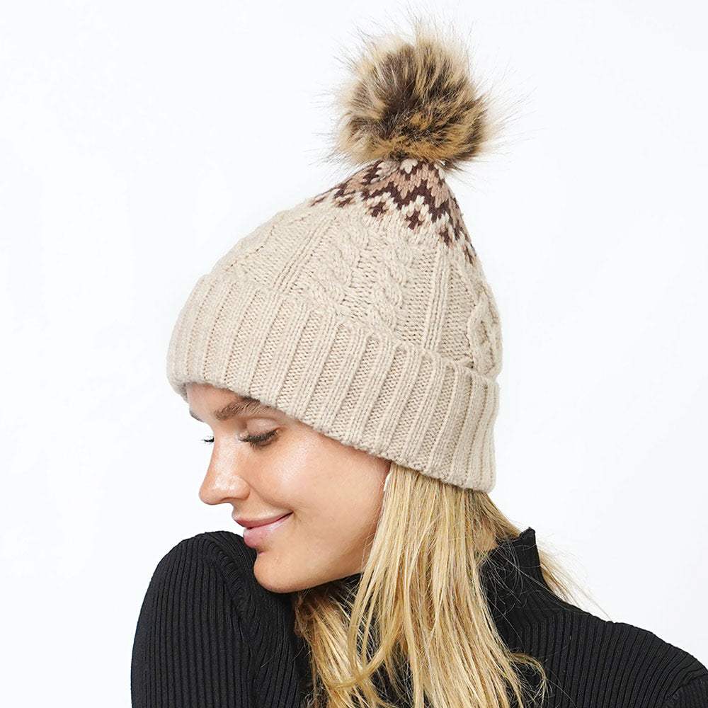 Ethnic Knit Beanie with Pom Pom - Madeline Love - Flyclothing LLC