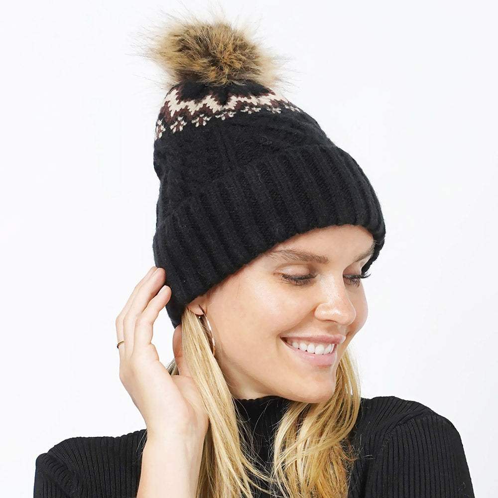 Ethnic Knit Beanie with Pom Pom - Madeline Love - Flyclothing LLC