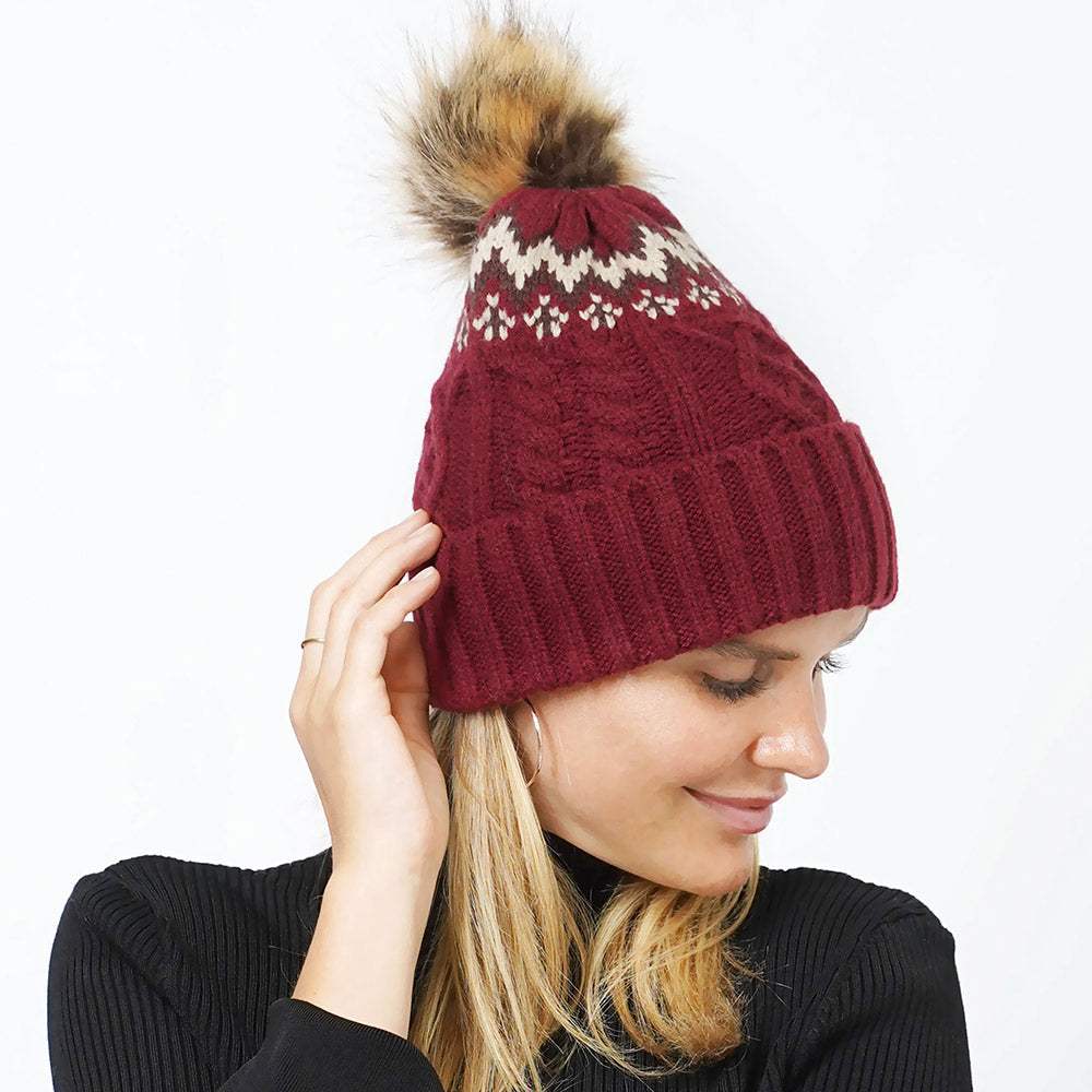Ethnic Knit Beanie with Pom Pom - Madeline Love - Flyclothing LLC