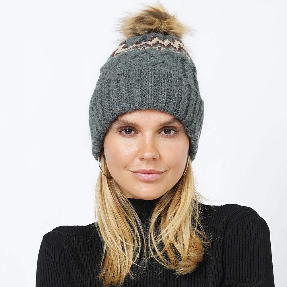 Ethnic Knit Beanie with Pom Pom - Madeline Love - Flyclothing LLC