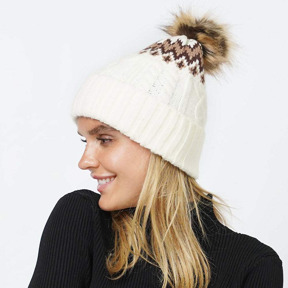 Ethnic Knit Beanie with Pom Pom - Madeline Love - Flyclothing LLC