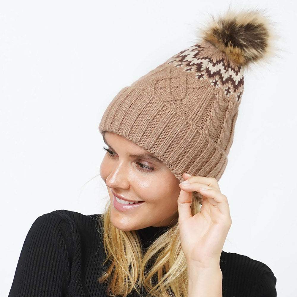 Ethnic Knit Beanie with Pom Pom - Madeline Love - Flyclothing LLC