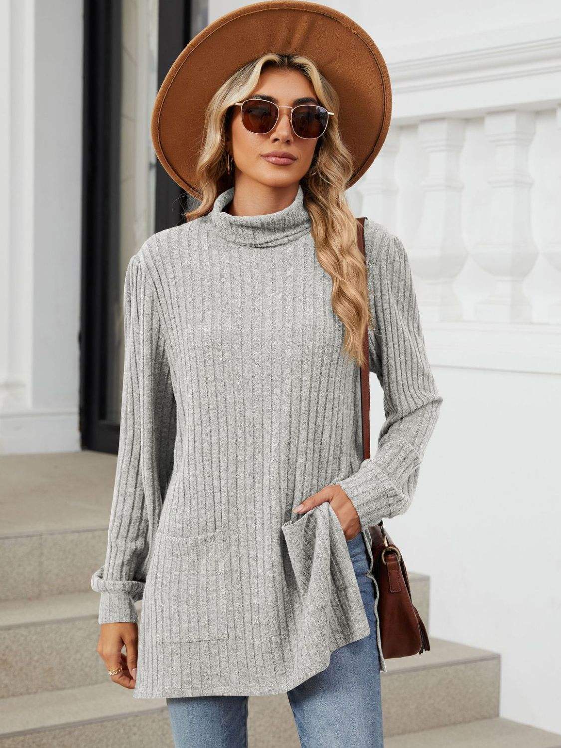 Slit Mock Neck Long Sleeve T-Shirt - Trendsi - Flyclothing LLC