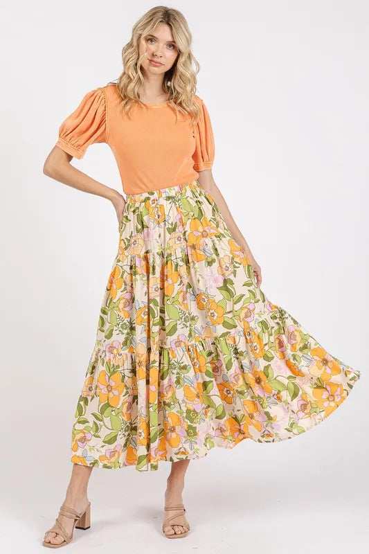 Mittoshop Flower Print Elastic Waist Tiered Skirt - Trendsi - Flyclothing LLC