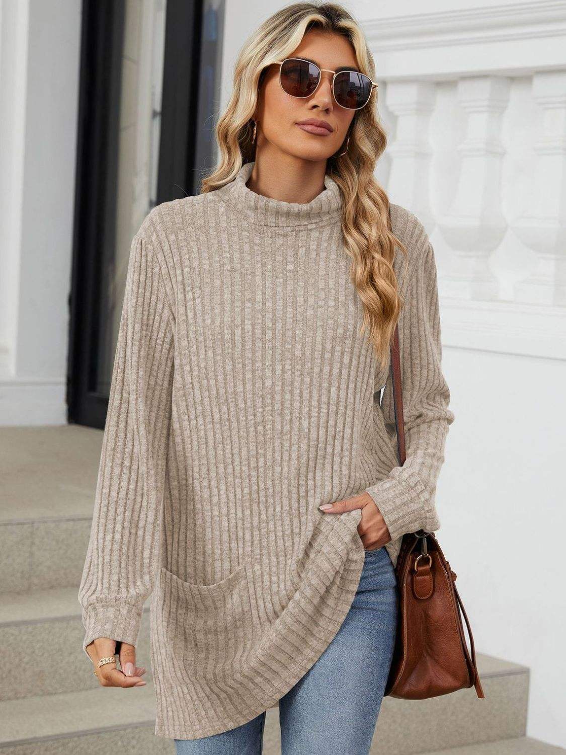 Ribbed Mock Neck Long Sleeve T-Shirt - Trendsi - Flyclothing LLC
