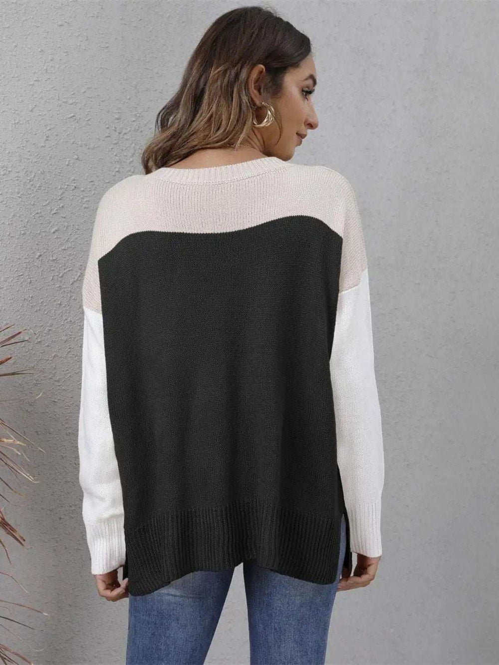 Color Block Round Neck Sweater - Trendsi - Flyclothing LLC