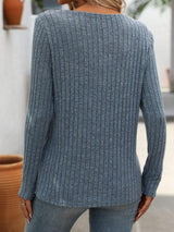 Ribbed V-Neck Long Sleeve T-Shirt - Trendsi - Flyclothing LLC