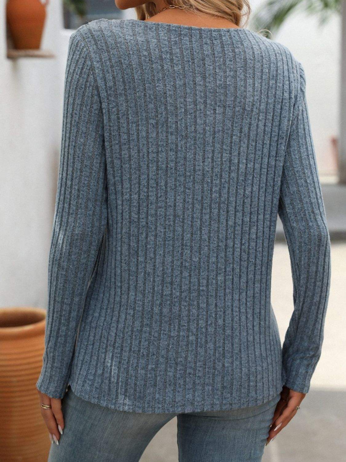 Ribbed V-Neck Long Sleeve T-Shirt - Trendsi - Flyclothing LLC