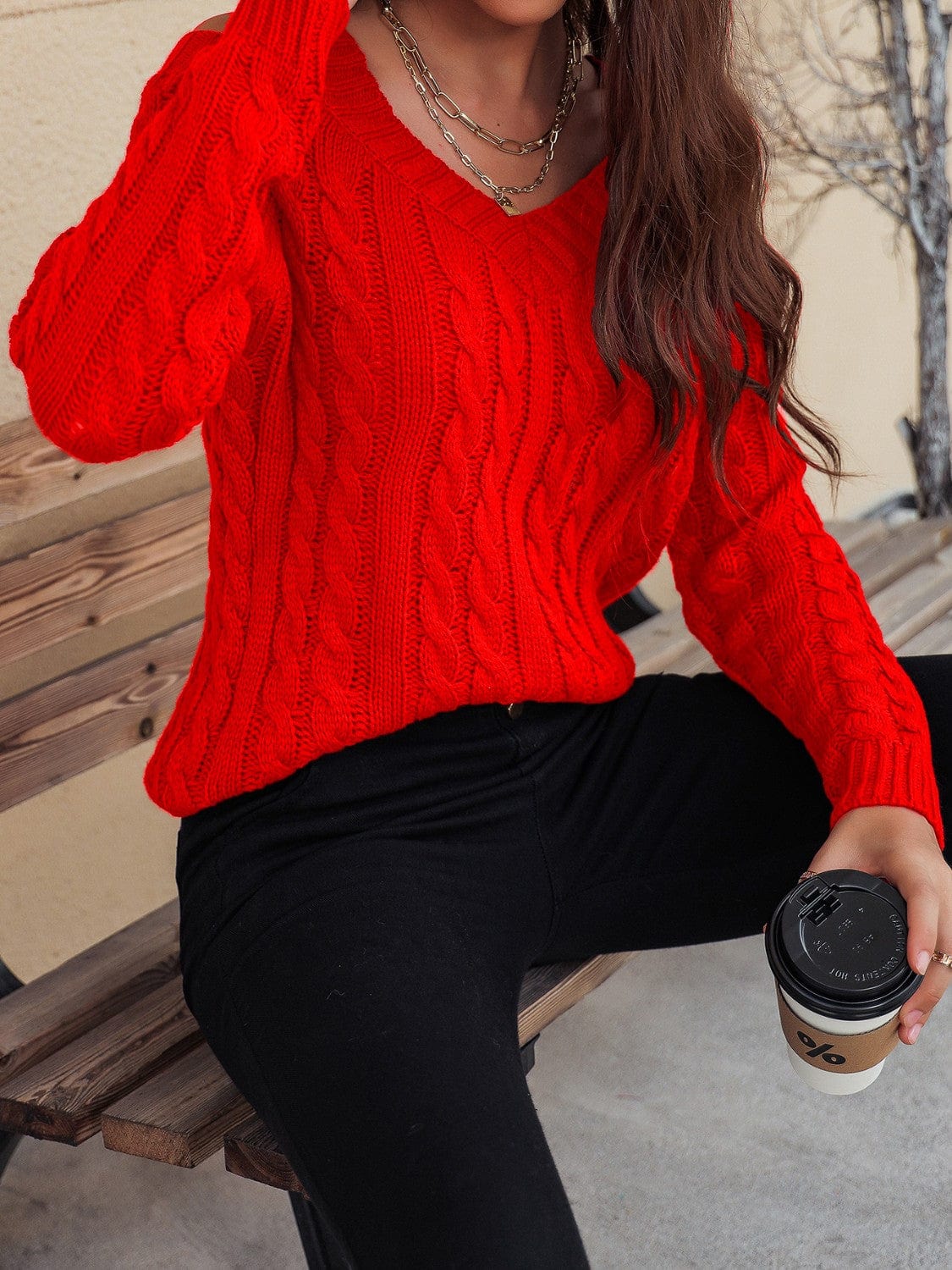 Honey Cable-Knit V-Neck Cold Shoulder Sweater - Trendsi