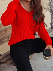 Honey Cable-Knit V-Neck Cold Shoulder Sweater - Trendsi