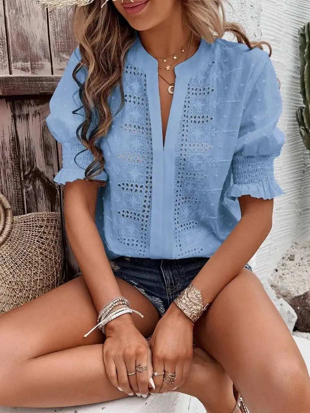 Eyelet Notched Flounce Sleeve Blouse - Trendsi - Flyclothing LLC