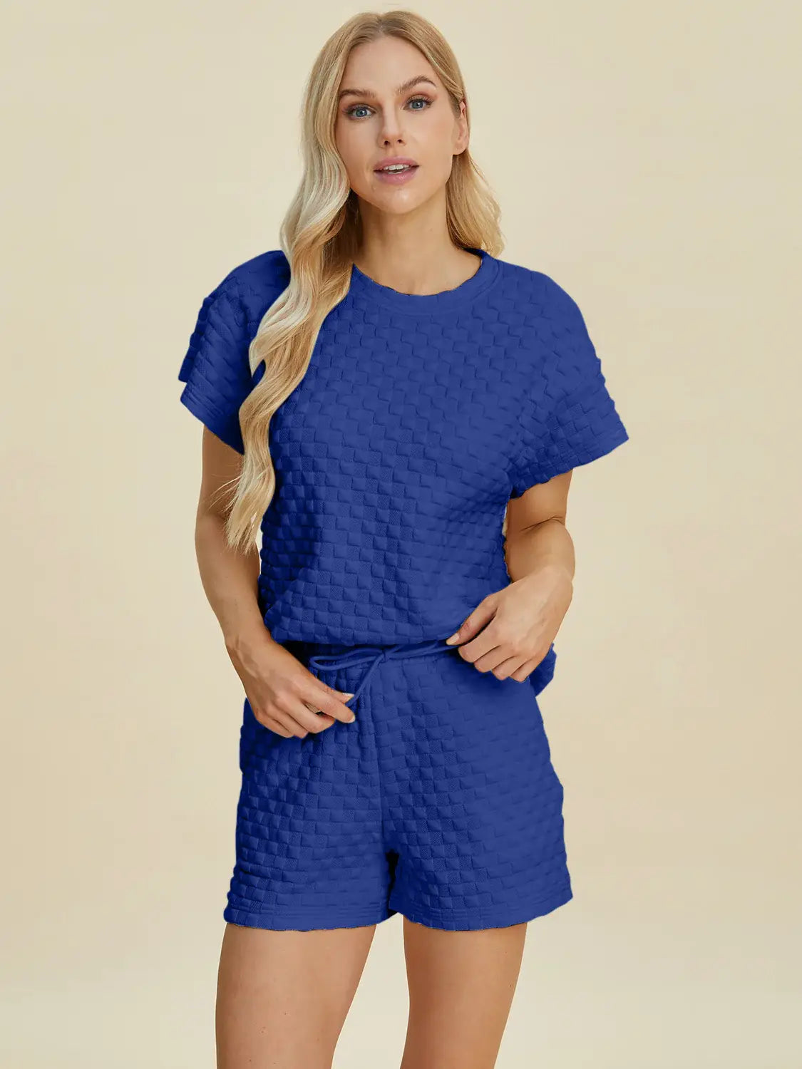 Double Take Full Size Texture T-Shirt and Shorts Set - Trendsi - Flyclothing LLC